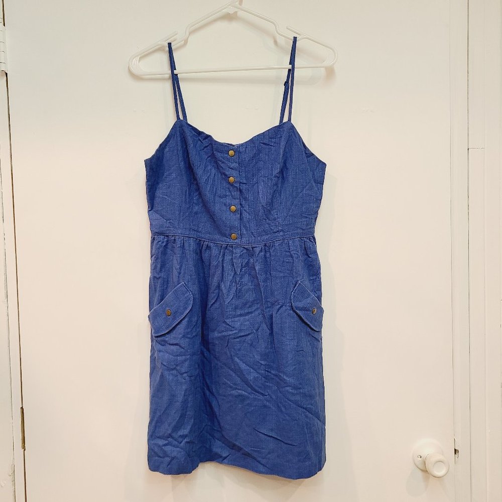 Anthropologie Cope Linen Blend Open Back Blue Mini Dress Sz M